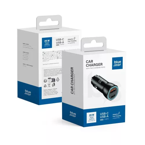 Blue Star autós töltő 3A 25W Type C + USB A PD QC3.0 AFC PPS, fekete