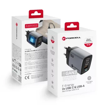   FORCELL F-ENERGY GaN III VT-37 hálózati töltő kijelzővel LCD 2 x Type C + USB A PD QC4.0 SAM SFC2.0 3,45A 70W , szürke