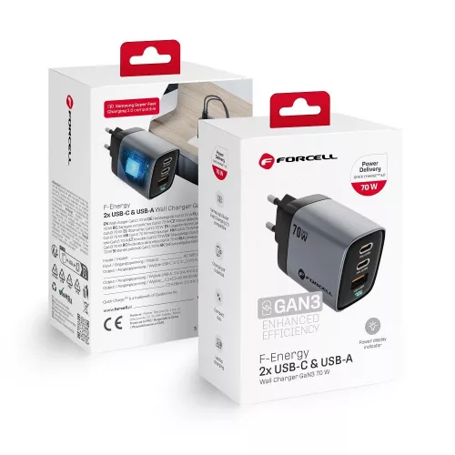FORCELL F-ENERGY GaN III VT-37 hálózati töltő kijelzővel LCD 2 x Type C + USB A PD QC4.0 SAM SFC2.0 3,45A 70W , szürke