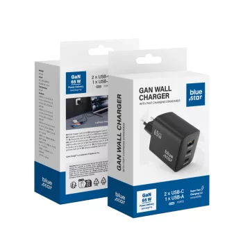   Blue Star hálózati töltő GaN 4A 65W 2 x Type C + USB A PD QC4.0 VT-43, fekete