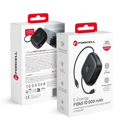 FORCELL F-ENERGY F10K5 powerbank compatible with MagSafe PD3.1 QC3.0 3A 22,5W 10000 mAh, fekete