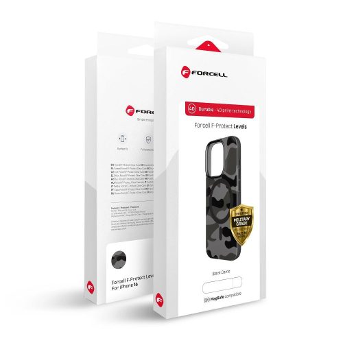 FORCELL F-PROTECT Levels Dual Layer 4D technology, Miliatry Drop-Test MagSafe iPhone 16 PLUS tok, terepmintás tok, fekete