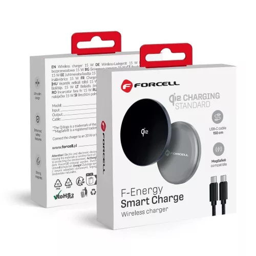 FORCELL F-ENERGY Smart Charge Qi2 15W vezeték nélküli töltő with 150cm detachable kábel compatible with MagSafe , ezüst