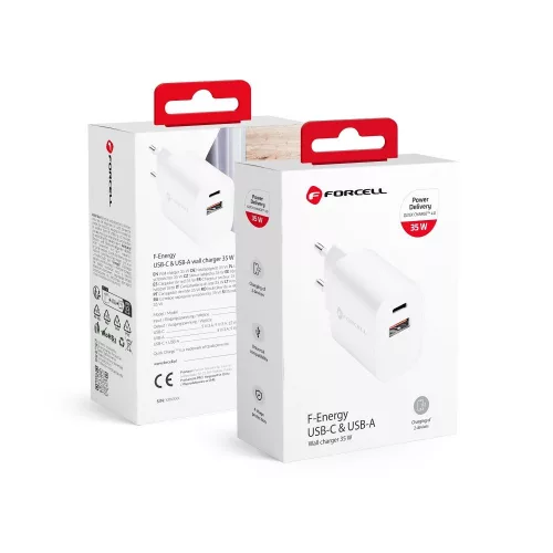 FORCELL F-ENERGY TFK-TC-35WPD hálózati töltő Type C + USB A PD QC4.0 3A 35W, fehér