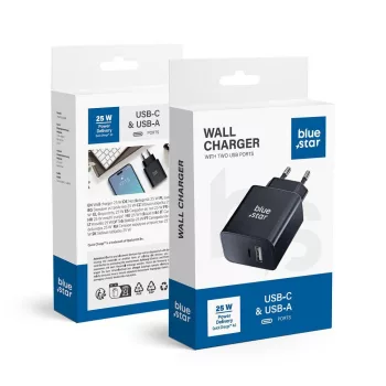   Blue Star hálózati töltő with USB C+USB-A sockets PD QC4.0 3A 25W TFB-TC-25WPD, fekete