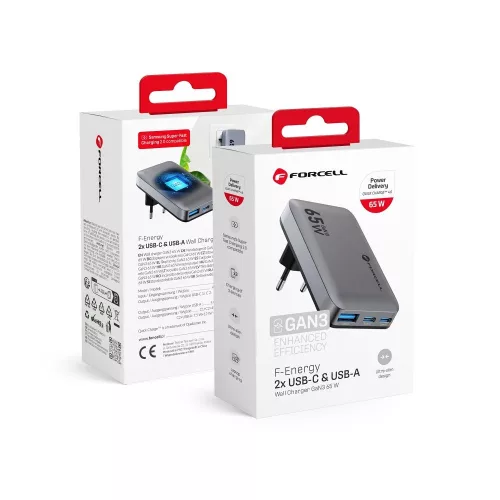FORCELL F-ENERGY GaN VT-47 Ultra Slim hálózati töltő 2 x Type C + USB A PD QC4.0 4A 65W , szürke