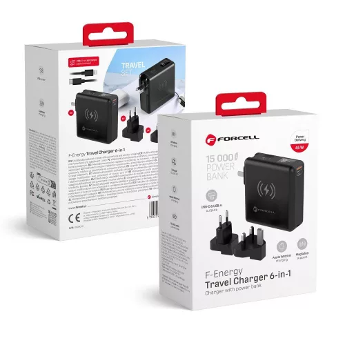 FORCELL F-ENERGY multifunkciós töltő 45W 6 az 1-ben USB A és USB C csatlakozókkal, 15000mAh powerbankkal és 15W vezeték nélküli töltéssel