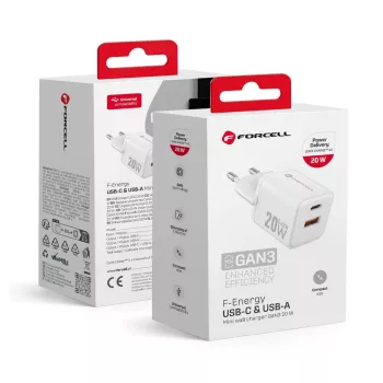   FORCELL F-ENERGY Mini GaN III VT-35A hálózati töltő with 1 x Type C + 1x USB A sockets, PD QC4.0 20W, fehér