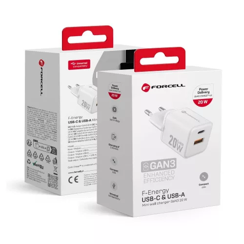 FORCELL F-ENERGY Mini GaN III VT-35A hálózati töltő with 1 x Type C + 1x USB A sockets, PD QC4.0 20W, fehér
