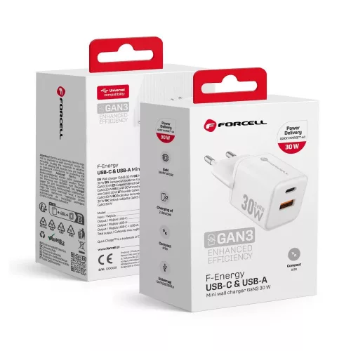 FORCELL F-ENERGY Mini GaN III VT-35 hálózati töltő with 1 x Type C + 1x USB A sockets, PD QC4.0 30W, fehér