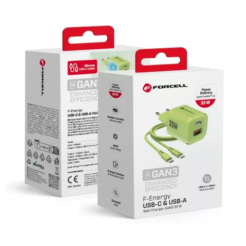 FORCELL F-ENERGY Crystal Color GaN III VT-41 hálózati töltő, szilikon kábel 1 x Type C + 1x USB A sockets, PD QC4.0 33W , zöld