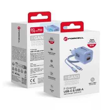   FORCELL F-ENERGY Crystal Color GaN III VT-41 hálózati töltő, szilikon kábel 1 x Type C + 1x USB A sockets, PD QC4.0 33W , kék