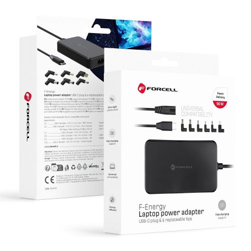 FORCELL F-ENERGY E856 univerzális laptop töltő 90W (6 adaptors), fekete