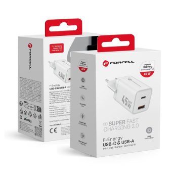   FORCELL F-ENERGY Mini GaN III VT-36 hálózati töltő with 1 x Type C + 1x USB A sockets, PD QC4.0 45W, fehér