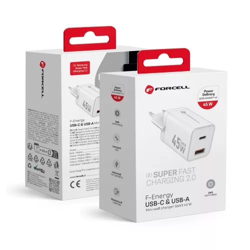 FORCELL F-ENERGY Mini GaN III VT-36 hálózati töltő with 1 x Type C + 1x USB A sockets, PD QC4.0 45W, fehér