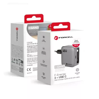   FORCELL F-ENERGY GaN III VT-R5 hálózati töltő, kihúzható kábel Type C and Type C charging port PD QC4.0 3A 45W , szürke
