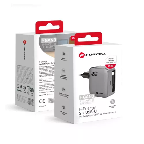 FORCELL F-ENERGY GaN III VT-R5 hálózati töltő, kihúzható kábel Type C and Type C charging port PD QC4.0 3A 45W , szürke