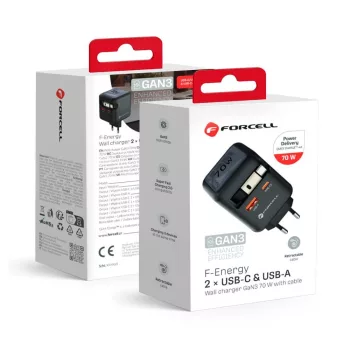   FORCELL F-ENERGY GaN III VT-R7 hálózati töltő kihúzható kábel Type C and 1x Type C, 1x USB A charging ports PD QC4.0 3A 70W , szürke