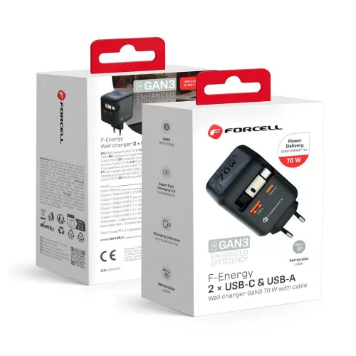 FORCELL F-ENERGY GaN III VT-R7 hálózati töltő kihúzható kábel Type C and 1x Type C, 1x USB A charging ports PD QC4.0 3A 70W , szürke