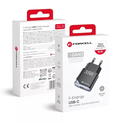 FORCELL F-ENERGY GaN III B135101-E Ultra Slim hálózati töltő 1 x Type C + USB A PD QC4.0 3A 35W, fekete
