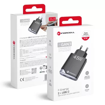   FORCELL F-ENERGY GaN III B245201(2C) Ultra Slim hálózati töltő 2 x Type C + USB A PD QC4.0 3A 45W, fekete