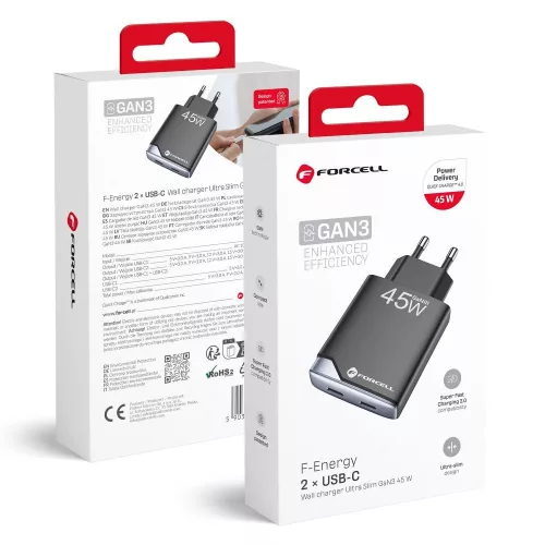 FORCELL F-ENERGY GaN III B245201(2C) Ultra Slim hálózati töltő 2 x Type C + USB A PD QC4.0 3A 45W, fekete