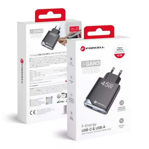 FORCELL F-ENERGY GaN III B245202(1A1C) Ultra Slim hálózati töltő 1 x Typ C + 1 x USB A PD QC4.0 3A 45W, fekete