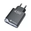 FORCELL F-ENERGY GaN III B245202(1A1C) Ultra Slim hálózati töltő 1 x Typ C + 1 x USB A PD QC4.0 3A 45W, fekete