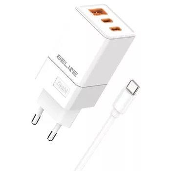   Beline hálózati töltő 2x USB-C + 1x USB 65W + USB-C kábel PD 3.0 + QC 3.0  BLN3CW65C GaN, fehér