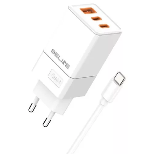 Beline hálózati töltő 2x USB-C + 1x USB 65W + USB-C kábel PD 3.0 + QC 3.0  BLN3CW65C GaN, fehér