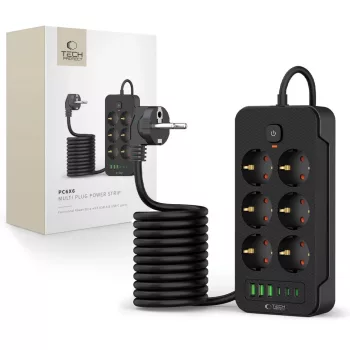   Tech-Protect PC6X6 6 W 240V + 3xUSB-A + 3xUSB-C 200cm, hálózati elosztó, fekete
