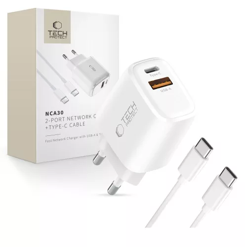 Tech-Protect NCA30 PD 30W QC3.0 USB-A / USB-C hálózati töltő + USB-C / USB-C kábel 100cm, fehér