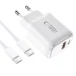 Tech-Protect NCA30 PD 30W QC3.0 USB-A / USB-C hálózati töltő + USB-C / USB-C kábel 100cm, fehér