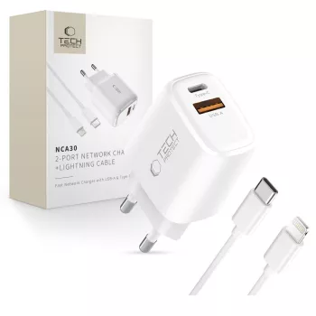   Tech-Protect NCA30 PD 30W QC3.0 USB-A / USB-C hálózati töltő + USB-C / Lightning kábel 100cm, fehér