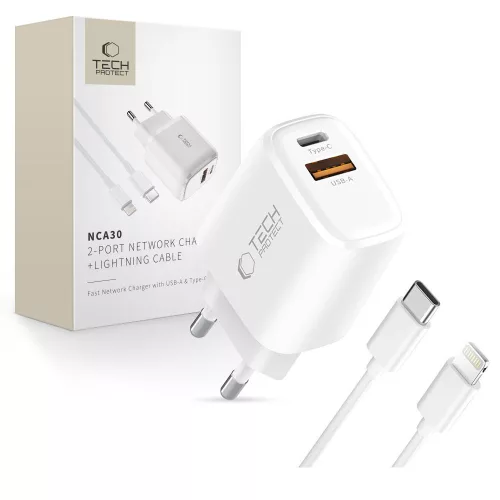 Tech-Protect NCA30 PD 30W QC3.0 USB-A / USB-C hálózati töltő + USB-C / Lightning kábel 100cm, fehér