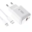 Tech-Protect NCA30 PD 30W QC3.0 USB-A / USB-C hálózati töltő + USB-C / Lightning kábel 100cm, fehér