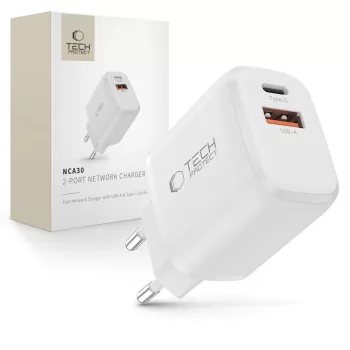   Tech-Protect NCA30 PD 30W QC3.0 USB-A / USB-C hálózati töltő, fehér