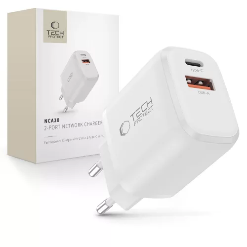 Tech-Protect NCA30 PD 30W QC3.0 USB-A / USB-C hálózati töltő, fehér