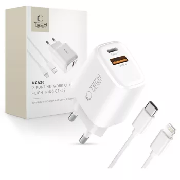   Tech-Protect NCA20 PD 20W QC3.0 USB-A / USB-C hálózati töltő + USB-C / Lightning kábel 100cm, fehér