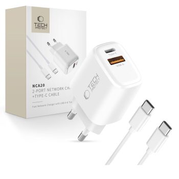   Tech-Protect NCA20 PD 20W QC3.0 USB-A / USB-C hálózati töltő + USB-C / USB-C kábel 100cm, fehér