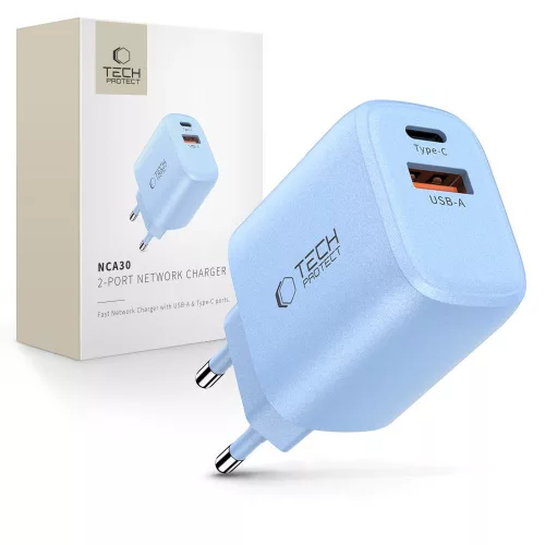 TECH-PROTECT NCA30 2-PORT hálózati töltő PD 30W / QC3.0 BABY , kék