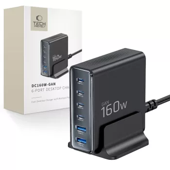   TECH-PROTECT DC160W,-GAN 6-PORT DESKTOP CHARGER PD 160W, / QC3.0, USB-HUB, fekete