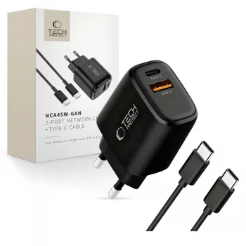   TECH-PROTECT NCA45W-GAN 2-PORT NETWORK CHARGER PD 45W QC3.0, hálózati töltő szett, fekete