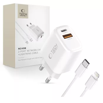   TECH-PROTECT NCA45W-GAN 2-PORT NETWORK CHARGER PD 45W QC3.0, hálózati töltő szett, fehér