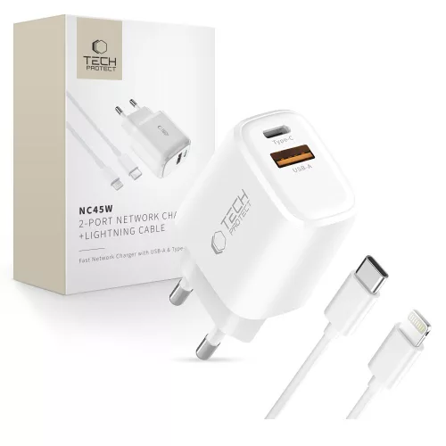 TECH-PROTECT NCA45W-GAN 2-PORT NETWORK CHARGER PD 45W QC3.0, hálózati töltő szett, fehér