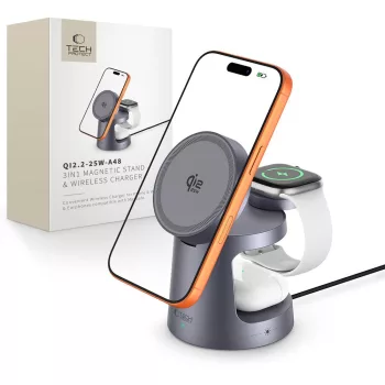   TECH-PROTECT QI2.2-25W-A48 3IN1 MAGNETIC MAGSAFE, 25W, vezeték nélküli töltő, sötétszürke