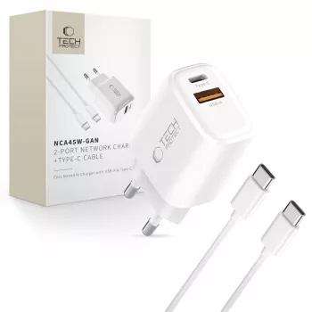   TECH-PROTECT NCA45W-GAN 2-PORT NETWORK CHARGER PD 45W QC3.0, hálózati töltő szett, fehér