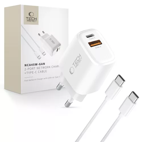 TECH-PROTECT NCA45W-GAN 2-PORT NETWORK CHARGER PD 45W QC3.0, hálózati töltő szett, fehér