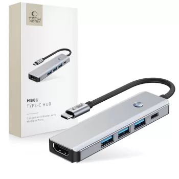   TECH-PROTECT HB01 HUB ADAPTER 5IN1 TYPE-C + USB3.0 + HDMI 4K 60HZ + PD100W, USB-HUB, szürke