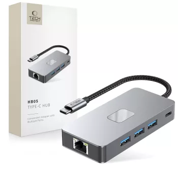   TECH-PROTECT HB05 HUB ADAPTER 9IN1 TYPE-C + USB2.0 + USB3.0 + HDMI 4K 60HZ + SD/TF + PD100W, + RJ45 1000m, USB-HUB, szürke